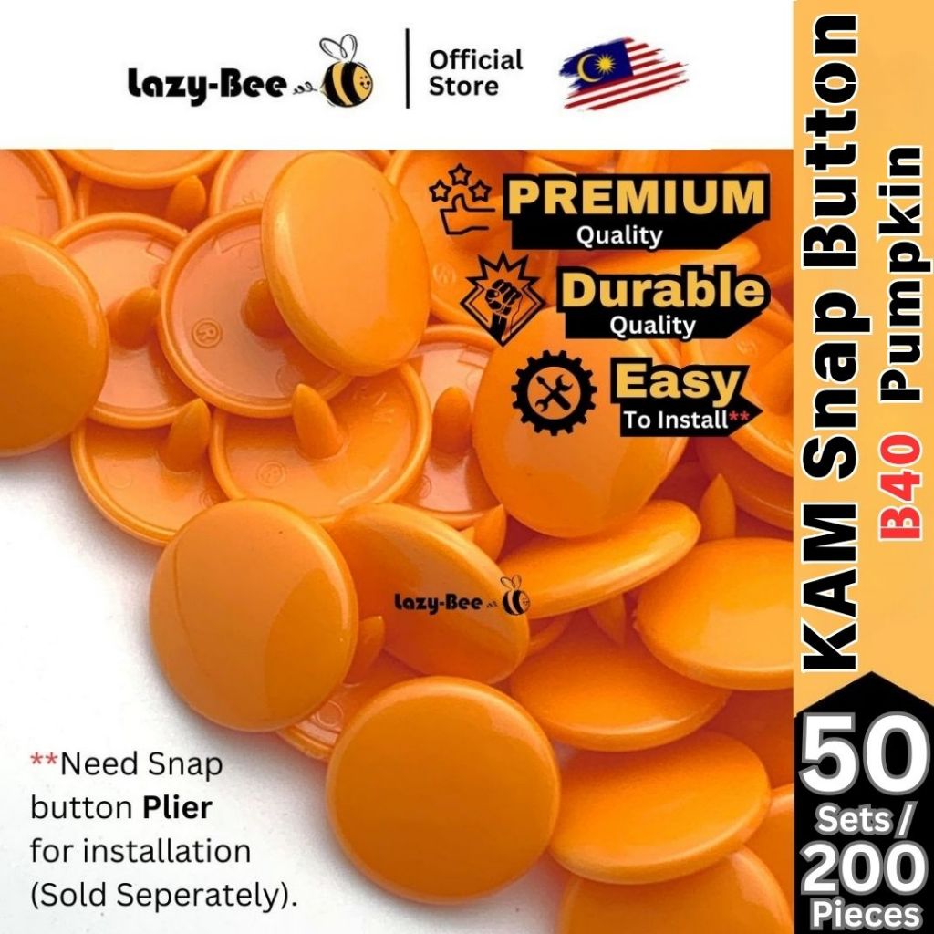 LAZY BEE B40 ฟักทอง 50 ชุด 200 ชิ้น T3 T5 KAM ปุ่ม Snap พลาสติก KAM ปุ่ม Butang Snap Glossy Matte Fa