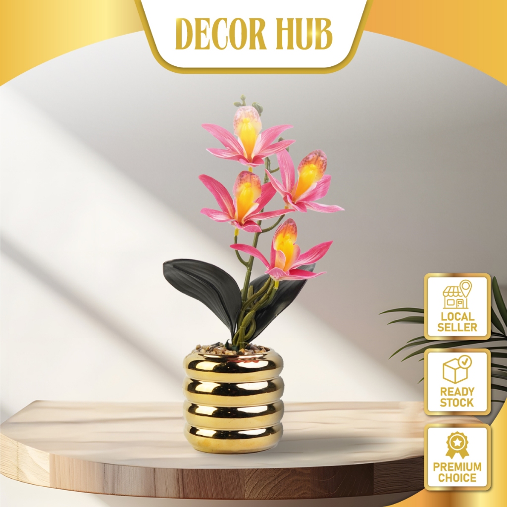 Decor Hub Orchid 29 ซม.แจกันสีทอง Gubahan Bunga Hiasan Orkid Big Orchid Plant MPX0035B