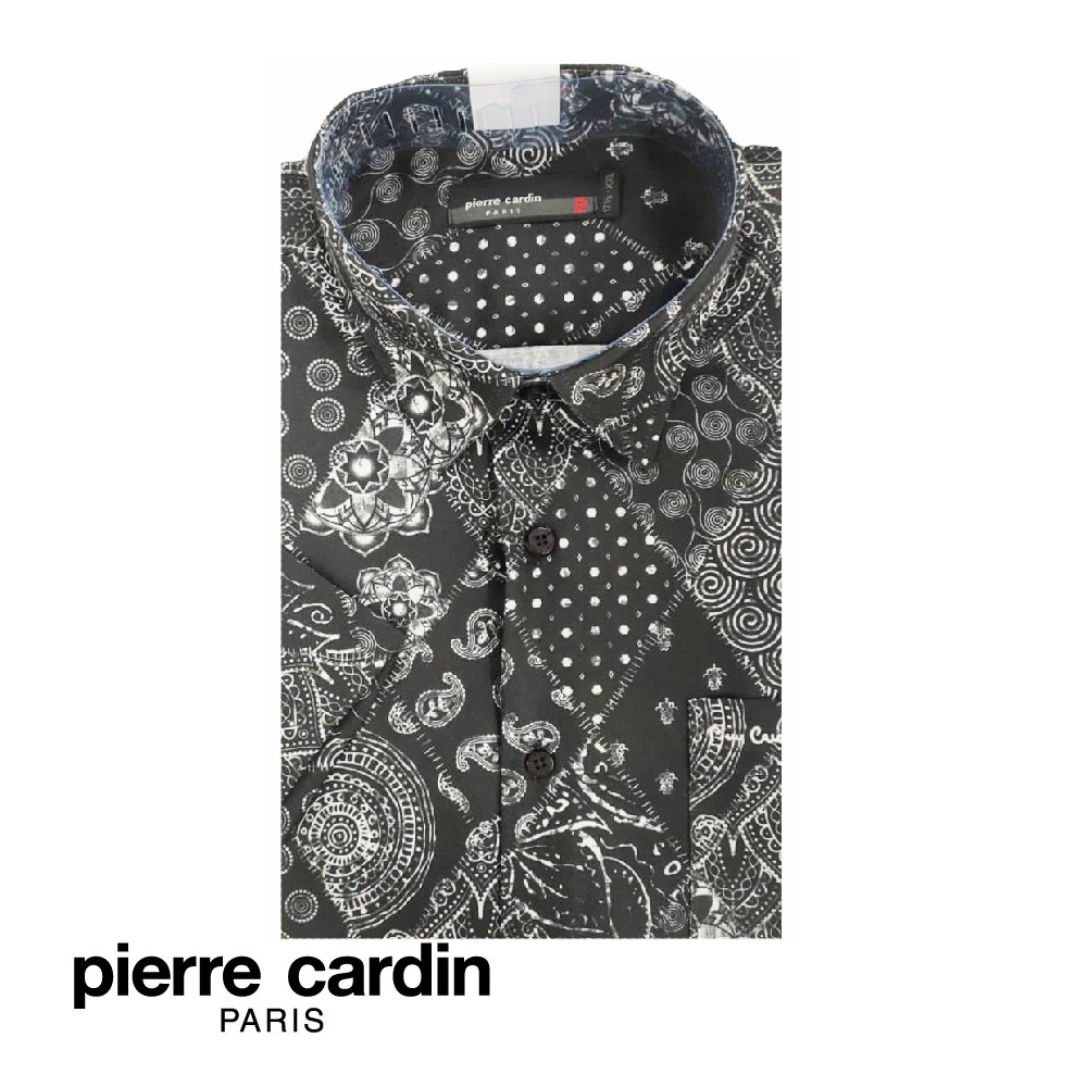 Pierre Cardin เสื้อเชิ้ต แขนสั้น ผู้ชาย ผ้าบาติก ทรงพอดีตัว มีกระเป๋า สีดํา W3505B-11413