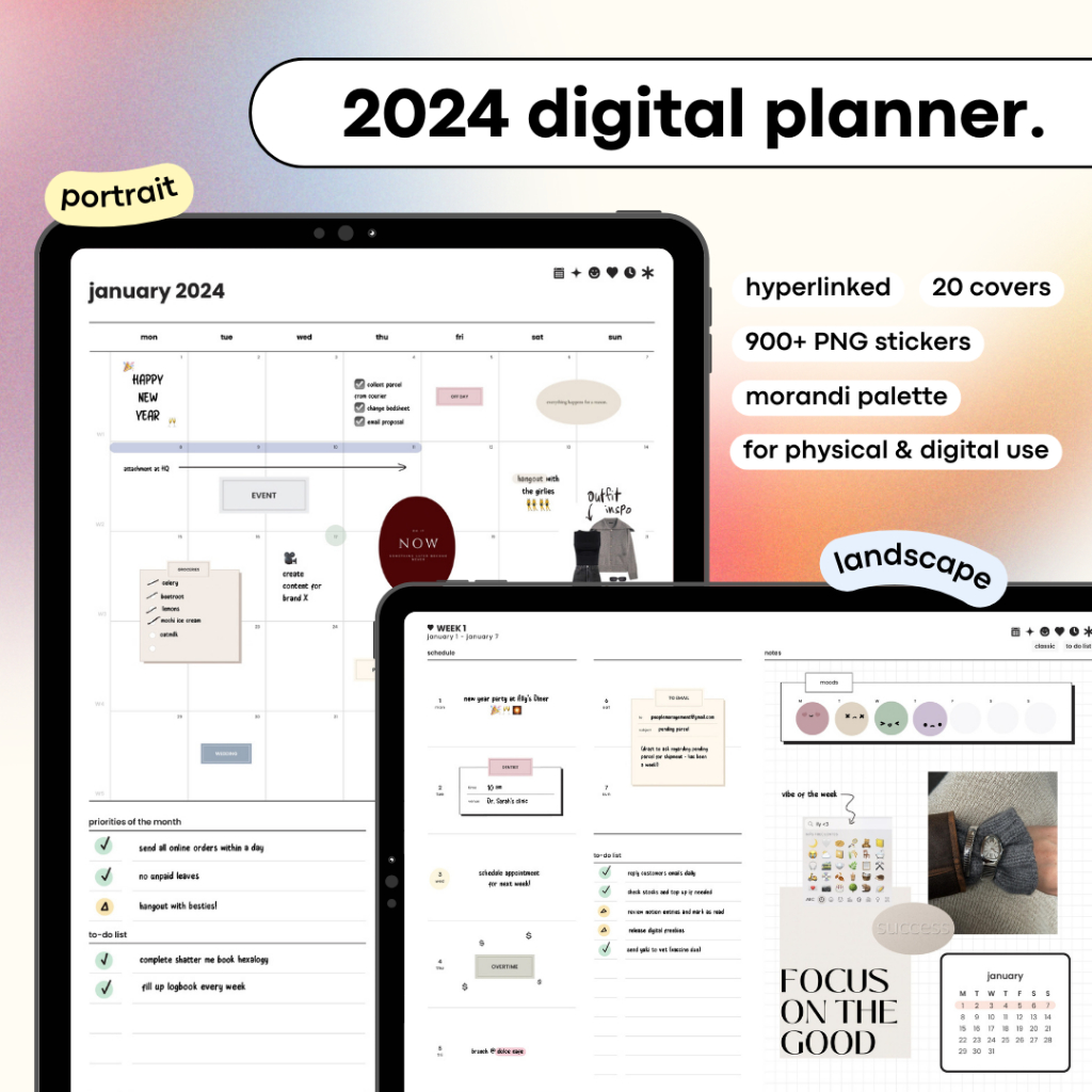 2024 Digital Planner Minimalist & Morandi สติ๊กเกอร์ Dated Printable PDF