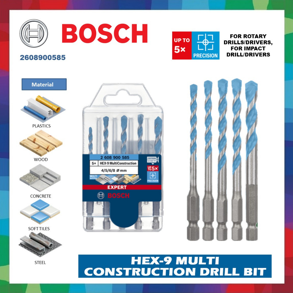 Bosch 5 ชิ้น HEX9 ดอกสว่านก่อสร้างหลายชิ้น 2608900585 กระเบื้องอเนกประสงค์วัสดุอเนกประสงค์ 4/5/6 มม. 8 มม. / กระเบื้อง Mata Gerudi
