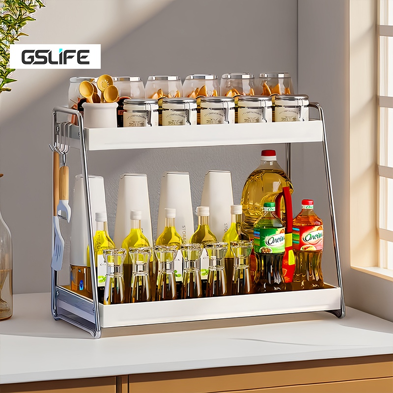 GSlife สแตนเลส 2 ชั้น ชั้นวางเครื่องปรุงรสในครัว ออแกไนเซอร์ ชั้นวางเครื่องเทศ รัก ชั้นวางเครื่องปรุ