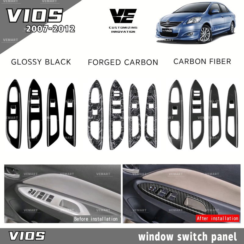 Vemart toyota vios dugong ncp93 2008-2013 คาร์บอนไฟเบอร์รถกระจกสวิทช์กรอบแผงอุปกรณ์เสริม vios dugong