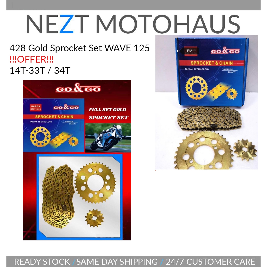 Go&Go Honda Wave 125 Wave125 428 Gold Sprocket Set 14T-33 / 14T-34 CLEARANCE
