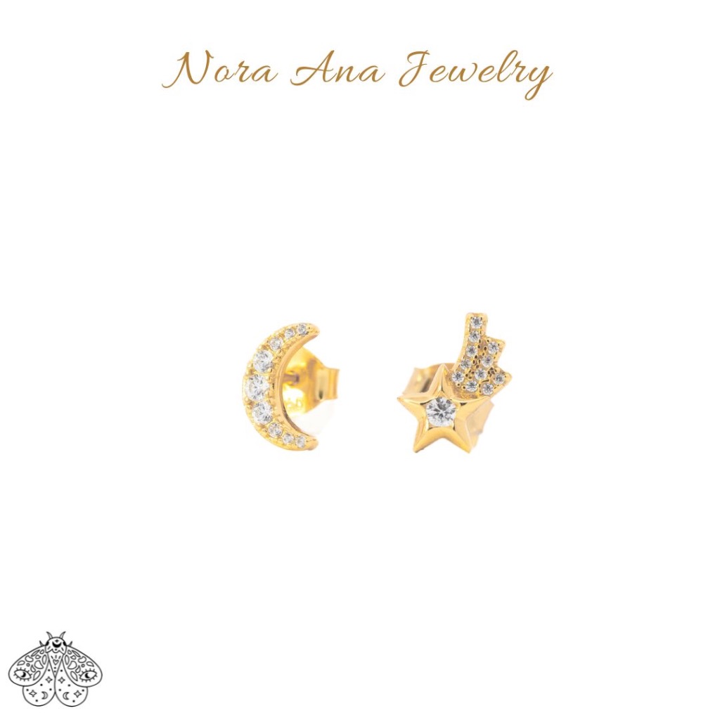 เครื่องประดับna MOON & SHOOTING STAR STUD EARRINGS dreamy เงินชุบทอง 18K เงินสเตอร์ลิง 925 เซอร์โคเน