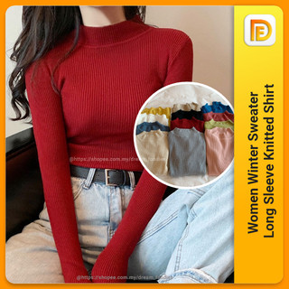 Women Long Sleeve Sweater Knitted Shirt Breathable Soft Half Turtleneck Baju Lengan Panjang 女生长袖衣