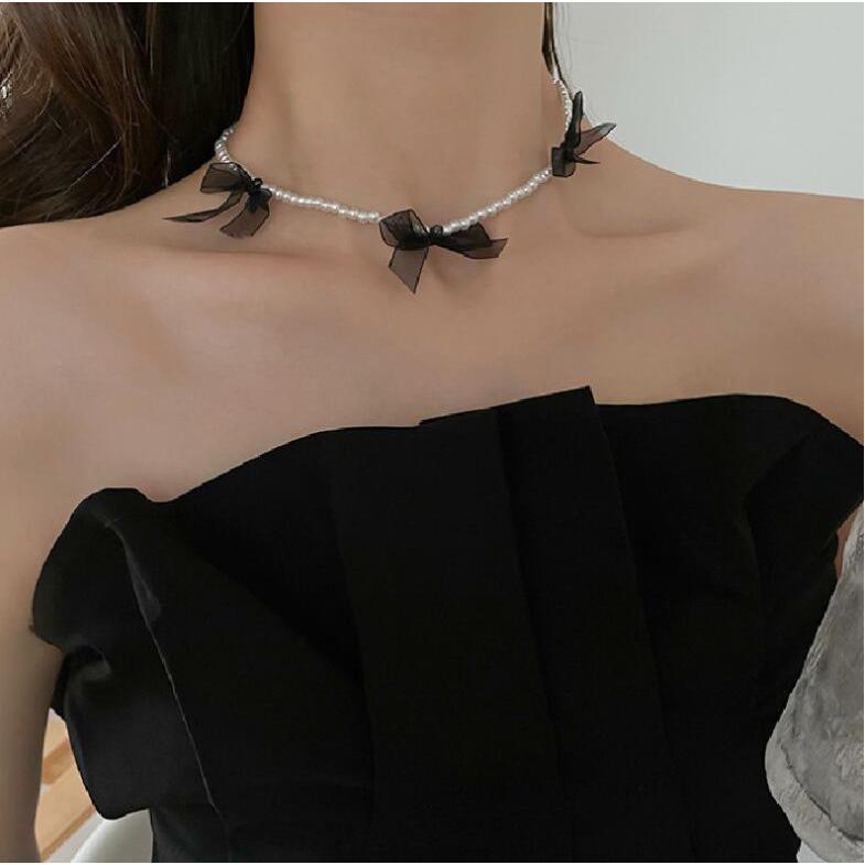 N41 dieshanhold จี้เกาหลี ins สร้อยคอตาข่ายโบว์สร้อยคอมุกผู้หญิง clavicle chain rantai leher heer 韩o