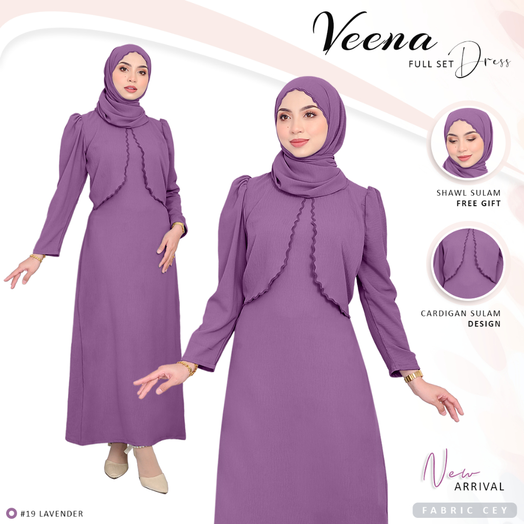 *New Arrival* Elegant Veena Dress Muslimah Stitch in Cardigan Full Set with Shawl Sulam