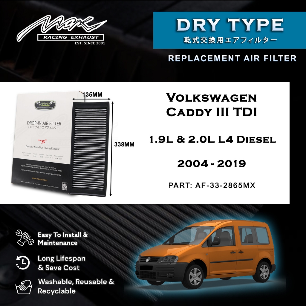 Volkswagen Caddy III TDI 1.9L & 2.0L L4 ดีเซล 2004 ถึง 2019 33-2865MX Max Racing Exhaust Drop-in Dry