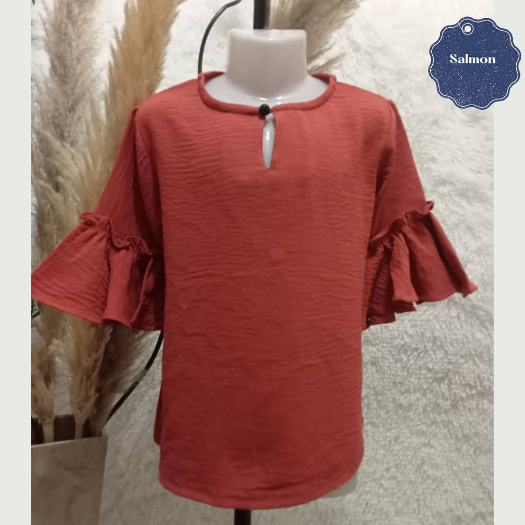 CEY BLOUSE KIDS (IRIS BLOUSE), IRONLESS N FLOWY, RUFFLE SLEEVE, COMEL SIZE BABY SEHININGGA 12 TAHU