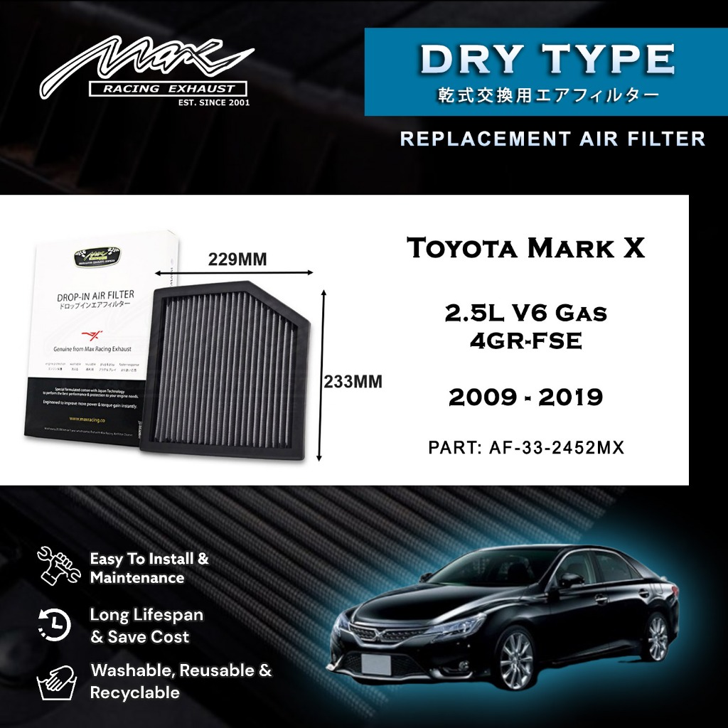 Toyota Mark X 2.5L V6 แก๊ส 4GR-FSE 2009-2019 33-2452MX Max Racing Exhaust Performance Drop-in Dry Ty