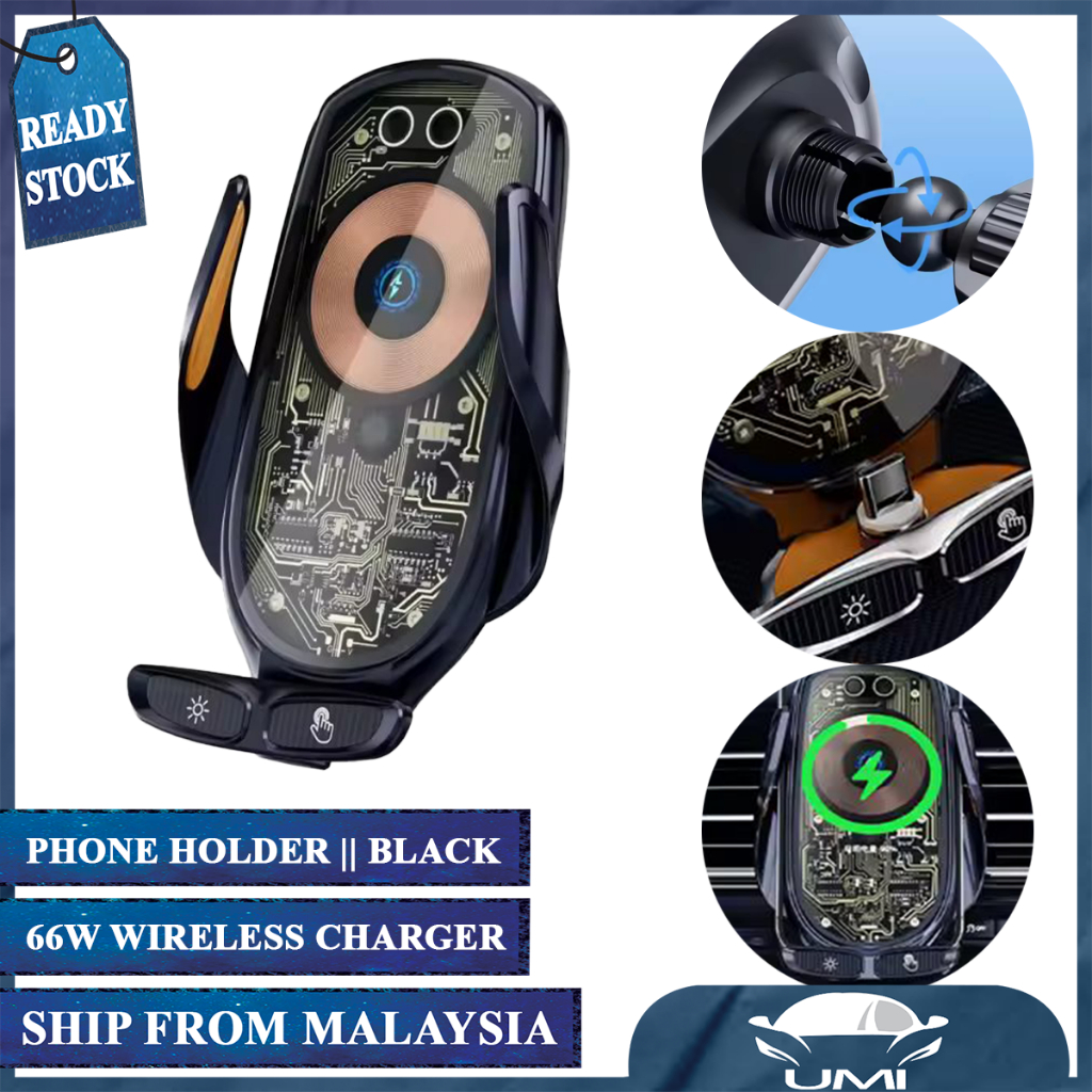 66W Wireless Car Charger ที่วางโทรศัพท์ฟรีหมุน Auto-Clamping โทรศัพท์ทั้งหมด Pemegaang โทรศัพท์ Care