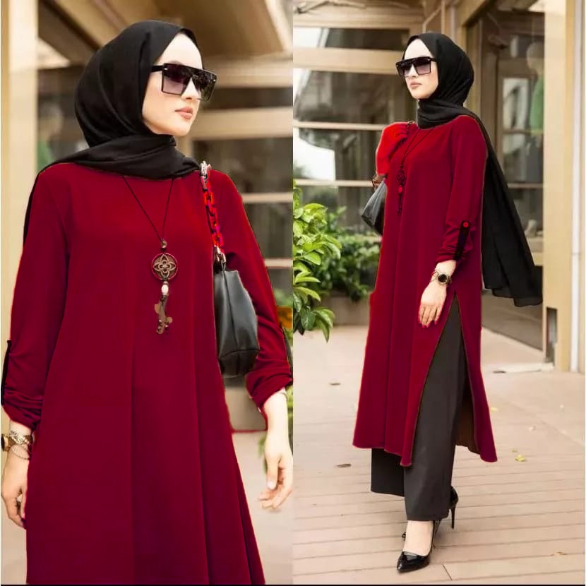 ผู้หญิงเสื้อยาวสีทึบ Baju Perempuan สไตล์รอบคอแฟชั่น Untuk Wanita Tunic -IKA