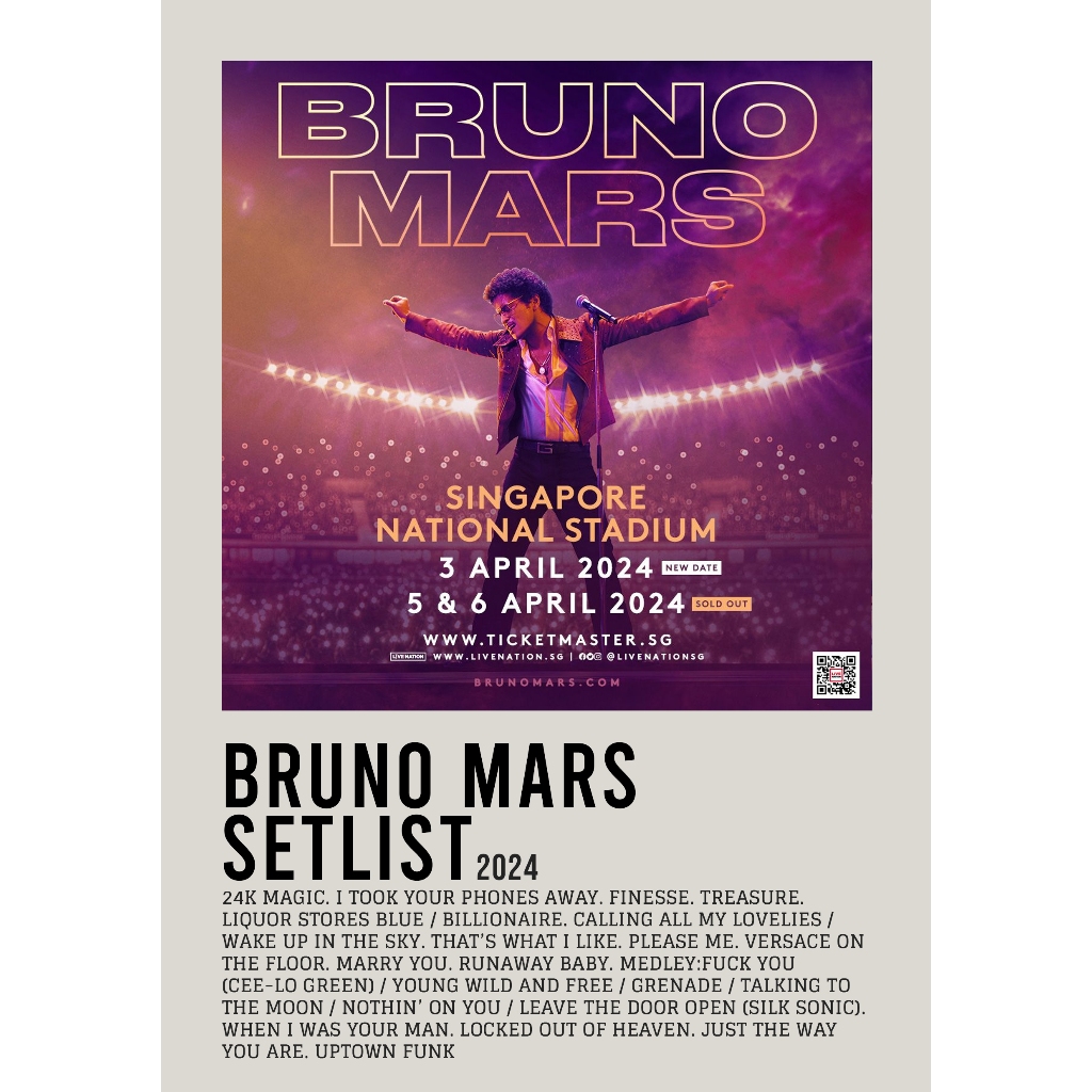 อัลบั้มปกโปสเตอร์ ​​Bruno Mars Setlist 2024 โดย Bruno Mars สําหรับห้อง/ผนัง