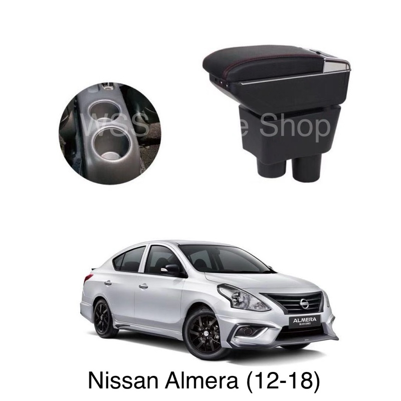 Arm Rest Console Box (สองชั้น + พอร์ต USB) พร้อมซับสีแดง [Nissan Almera] (12-18)