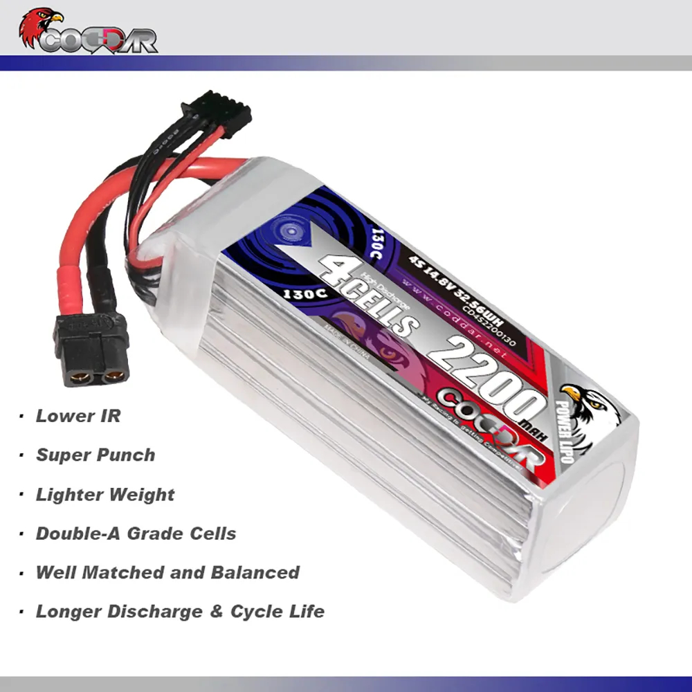 ซีดี4S2200130 // Coddar 4S 14.8V 2200mAh 130C XT60 LiPo แบตเตอรี่