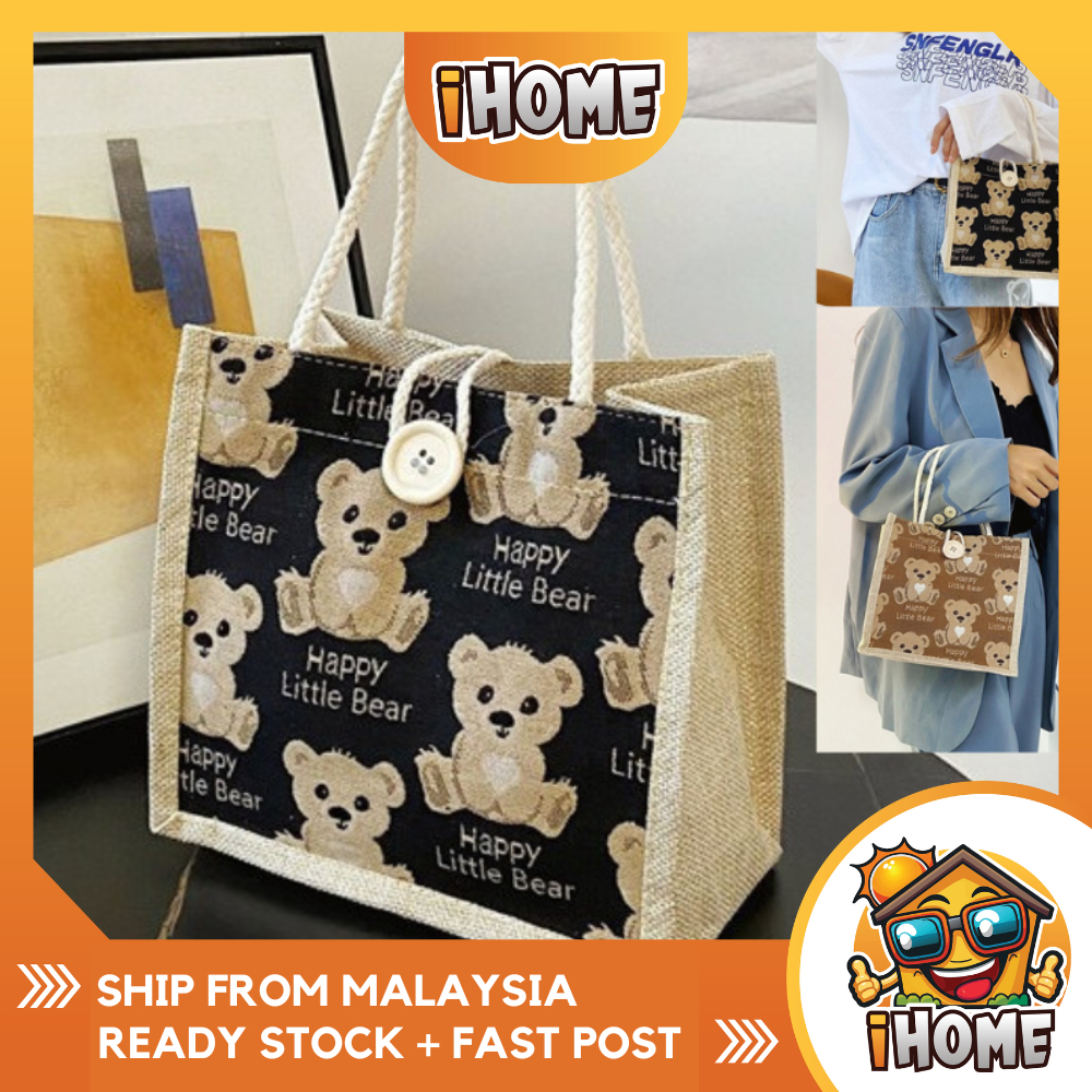 IHOME 1345 Bear Linen Handbag Small Shoulder Tote Beg