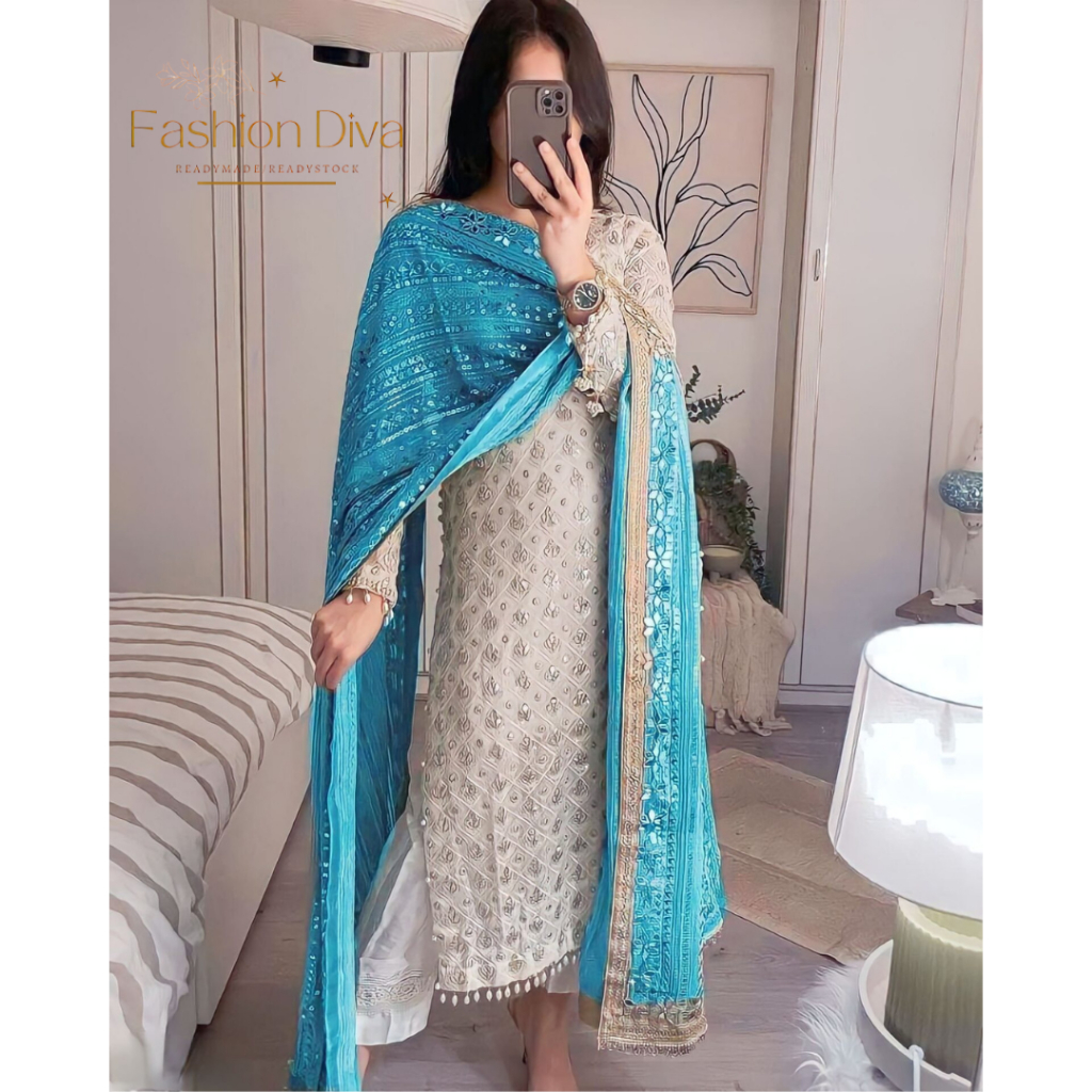 DESIRABLE FANCY FAUX GEORGETTE SEQUENCE EMBROIDERY STONE WORK TOP BOTTOM พร้อม DUPATTA BY FASHION DIVAA