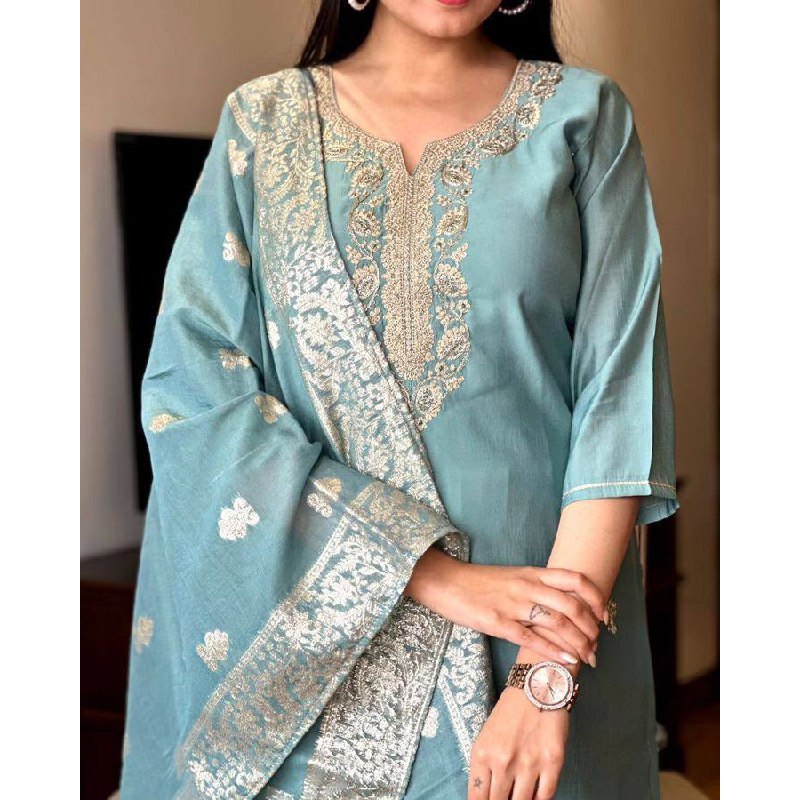 S - 4XL MVITA LIVING Designer เย็บปักถักร้อยทํางานเหนียว Chanderi Kurtis กางเกงพร้อมชุด Dupatta สําหรับผู้หญิง