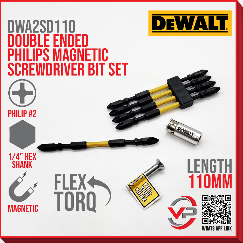 Dewalt DWA2SD110 DOUBLE ENDED PHILIPS MAGNETIC SCREWDRIVER BITS SET PHILIP 2 110MM 5PCS