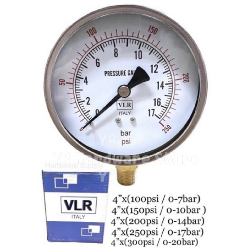 VLR 4 เครื่องวัดความดัน DRY (100psi / 0-7bar) ( 150psi / 0-10bar ) (200psi / 0-14bar) (250psi / 0-17