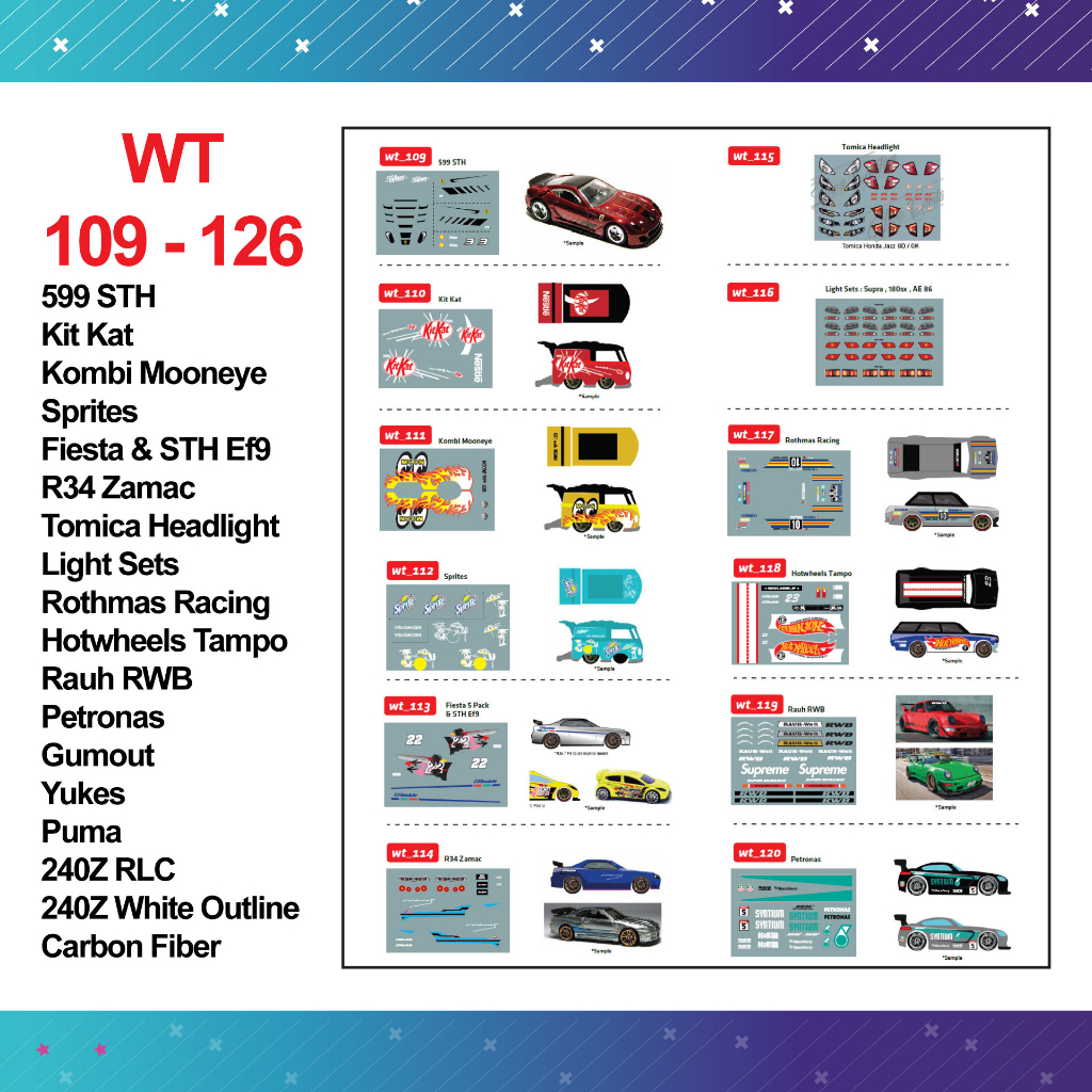 Water Slide Decal wt 109 - 126 HotWheels | 599 KITKAT SPRITES R34 ZAMAC ROTHMANS RWB YUKES GUMOUT PU