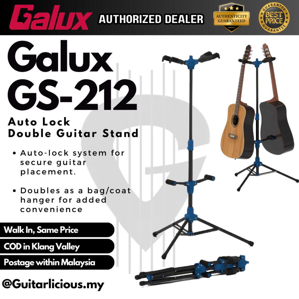 Galux GS-212 Auto Lock ขาตั้งกีตาร์คู่พร้อมกระเป๋า / ไม้แขวนเสื้อ / ที่วางเครื่องมือ ( GS212 / GS 21