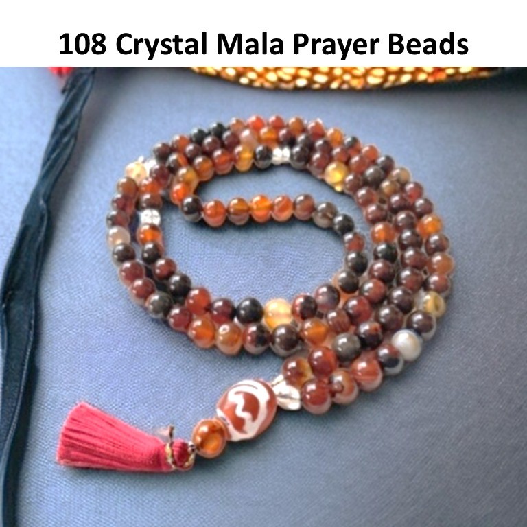 108 คริสตัลธรรมชาติ BEADS MALA COMPRISING MIXED OF RED CORAL, MAHOGANI, BLACK OBSIDIAN & LOTUS DZI B