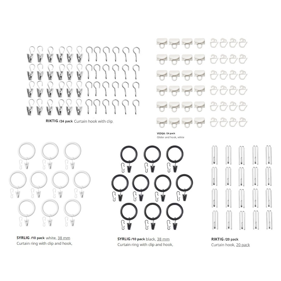 Ikea VIDGA SIRLIG RIKTIG ตะขอผ้าม่านคลิปแหวนผ้าม่านและตะขอ 20 แพ็ค 24 แพ็ค