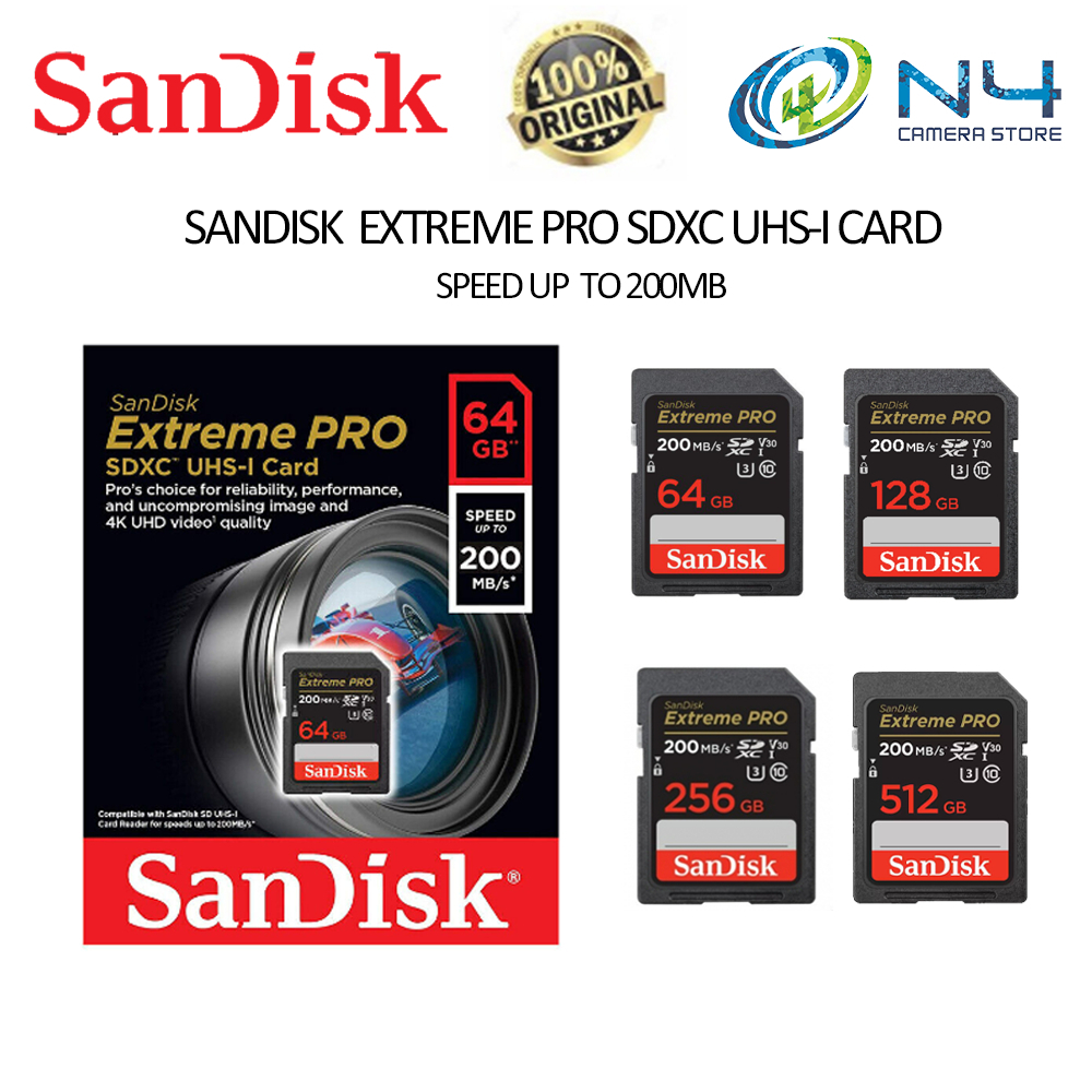 การ ์ ด Sandisk Extreme Pro SDXC UHS-I ( 64GB/128GB/256GB/512GB การ ์ ดหน ่ วยความจํา Sandisk 200MB / การ ์ ด SD กล ้ อง