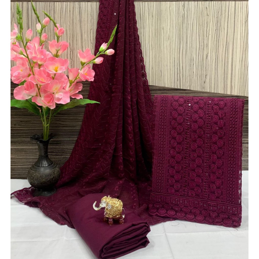 วัสดุสูท Georgette Punjabi ที่มีการลําดับและ Chifli Work Kain Jahit Punjabi