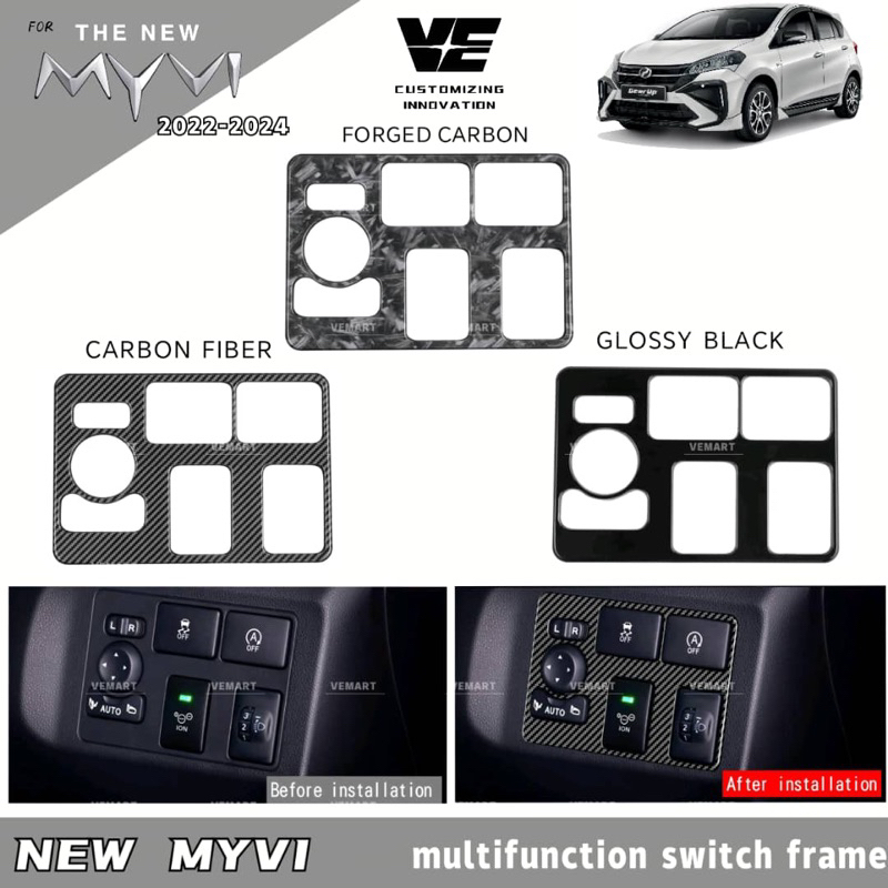 Vemart Perodua Myvi 2021-2025 สีดําเงา Multi Function Switch กรอบอุปกรณ์เสริม myvi fl gen 3 gm3