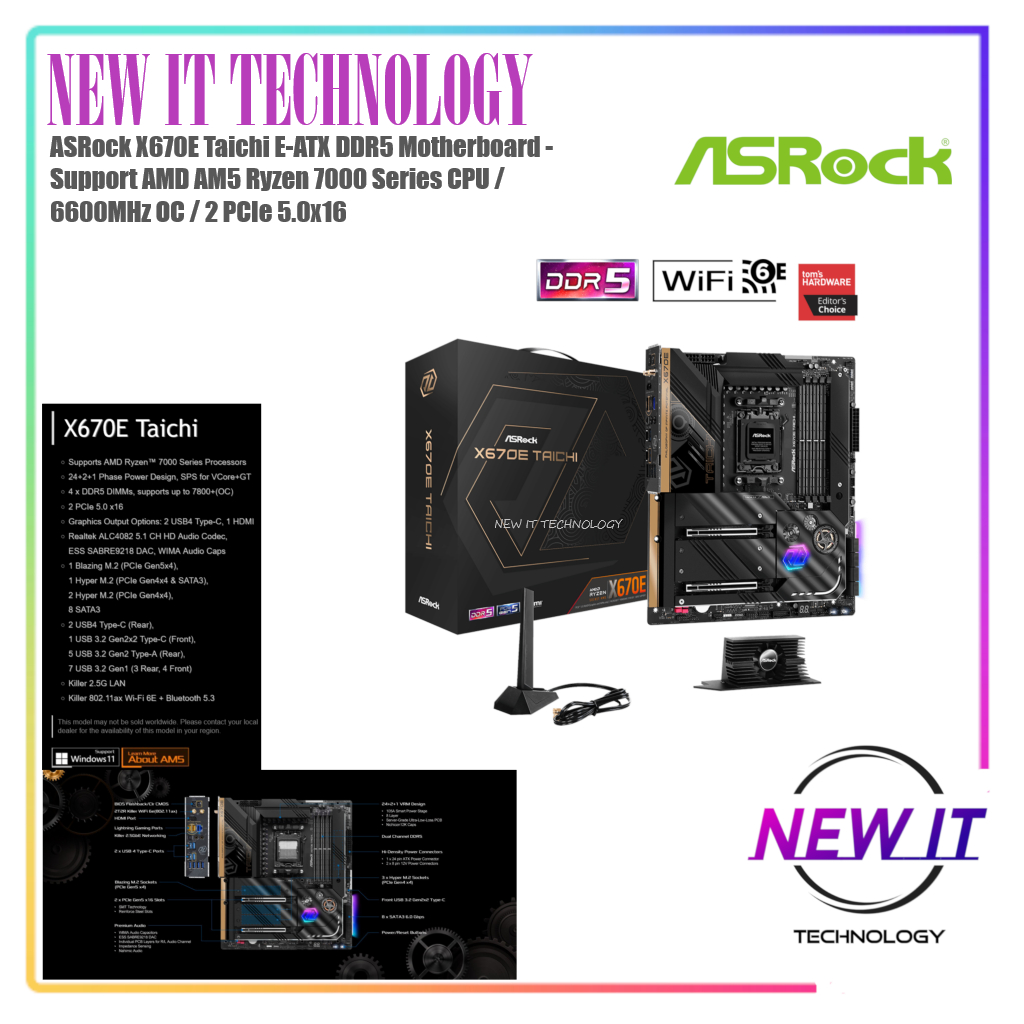 ASRock X670E Taichi E-ATX DDR5 Motherboard - Support AMD AM5 Ryzen 7000 Series CPU / 6600MHz OC / 2 