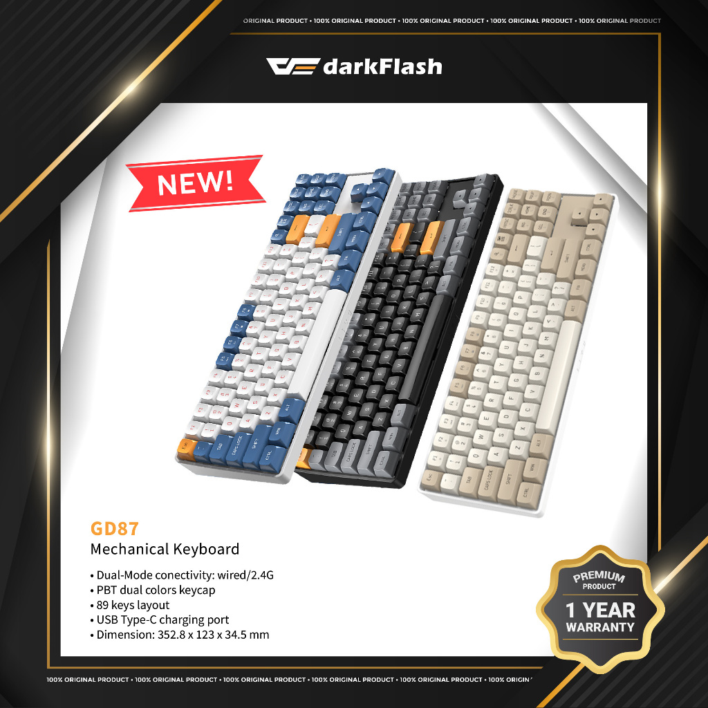 DarkFlash GD87 Dual Mode Wireless 2.4G และ USB Hot Swap Mechanical Keyboard (K Yellow Switch)