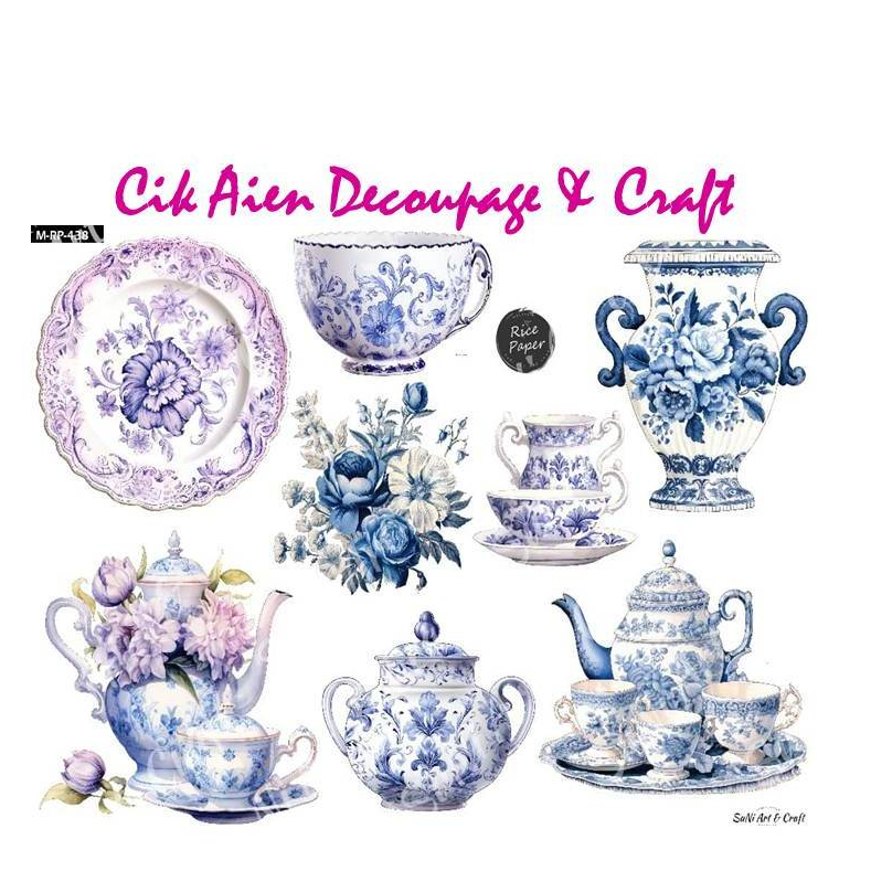 Decoupage Paper and Rice Paper with Blue & White Teapot series A3 ขนาดสําหรับเดคูพาจ, art & craft & 
