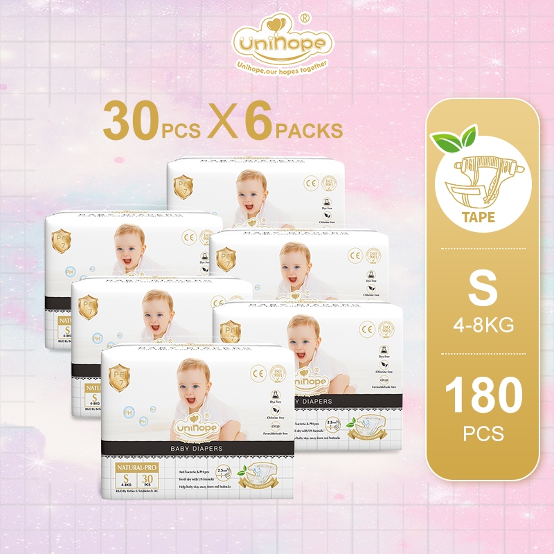 Unihope Natural Pro ผ้าอ้อมเด็กเทป Ultra Thin Skin Friendly NB192/S180/M168/L156/XL144 (6 แพ็ค)