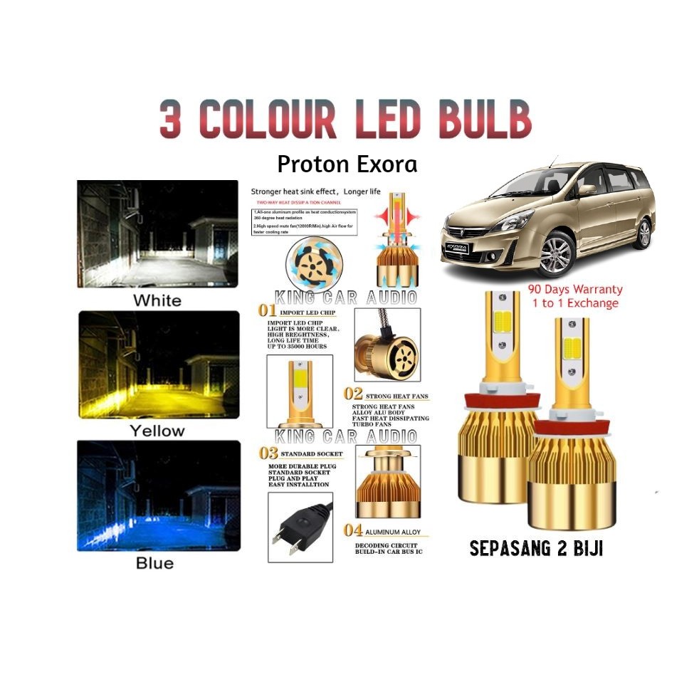 Proton Exora 3 สีหลอดไฟ LED 6000/10000K สีเหลืองสีขาวสีฟ้า 2 ชิ้นไฟหน้ารถ/Foglight Mentol Lampu ขนาด