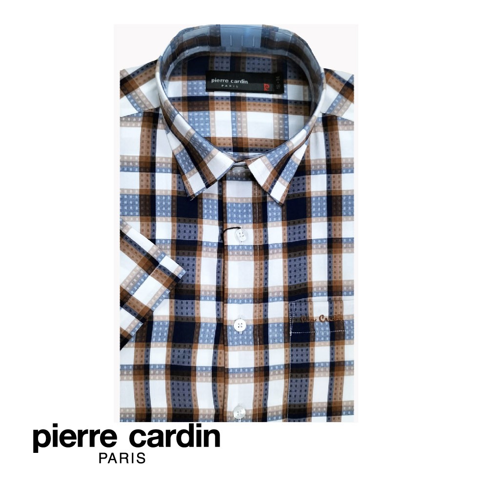 Pierre CARDIN เสื้อยืด แขนสั้น ลายตาราง พร้อมกระเป๋า สําหรับผู้ชาย (สีน้ําตาลกึ่งพอดี) - สีขาว (W4204B-11517)