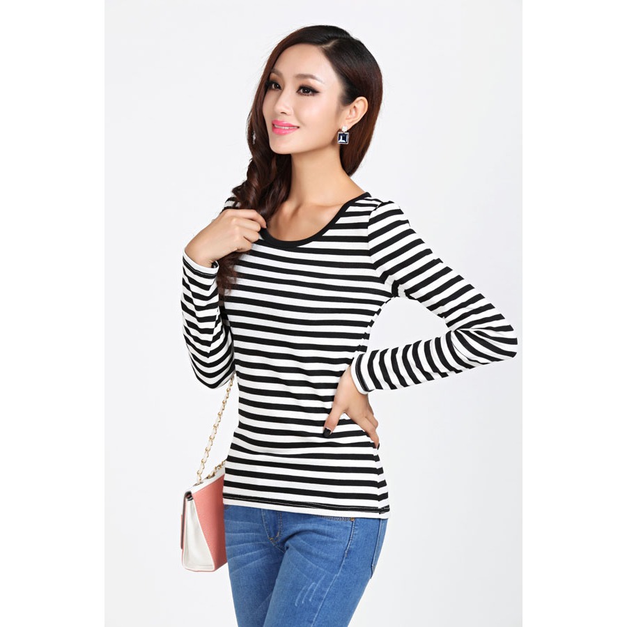 เสื้อแขนยาวลายทางแฟชั่น (สีดํา) 16207