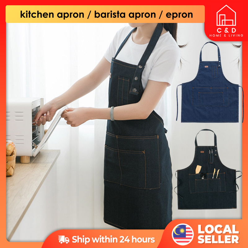 ผ้ากันเปื้อนยีนส์ห้องครัวกันน้ํา unisex พร้อมผ้ากันเปื้อนกระเป๋าด้านหน้า hitam kalis air epron dapur