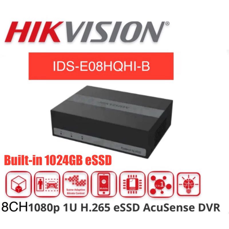 HIKVISION กล้องวงจรปิด iDS-E08HQHI-B 8ch 1080p 1U H.265 eSSD AcuSense DVR.(ในตัว 1024GB eSSD)(1TB HA