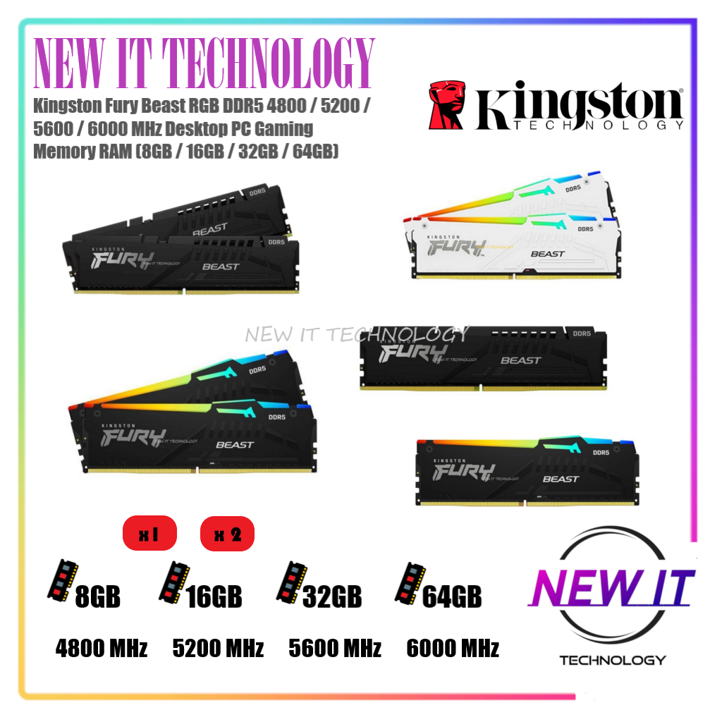 Kingston Fury Beast RGB DDR5 4800 / 5200 / 5600 / 6000 MHz หน่วยความจําสําหรับเล่นเกมเดสก์ท็อป RAM (