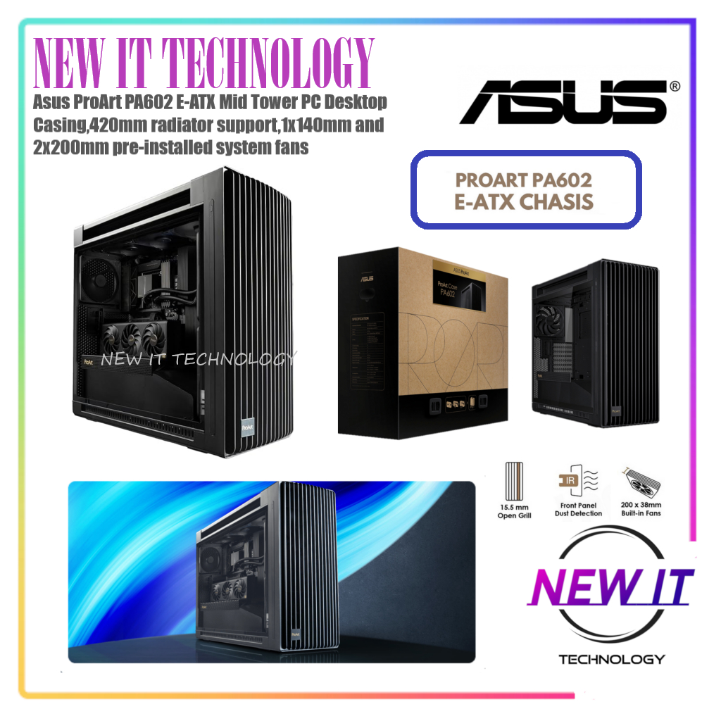 Asus ProArt PA602 E-ATX Mid Tower PC Desktop Casing, รองรับหม้อน้ํา 420 มม., พัดลมระบบติดตั้งล่วงหน้