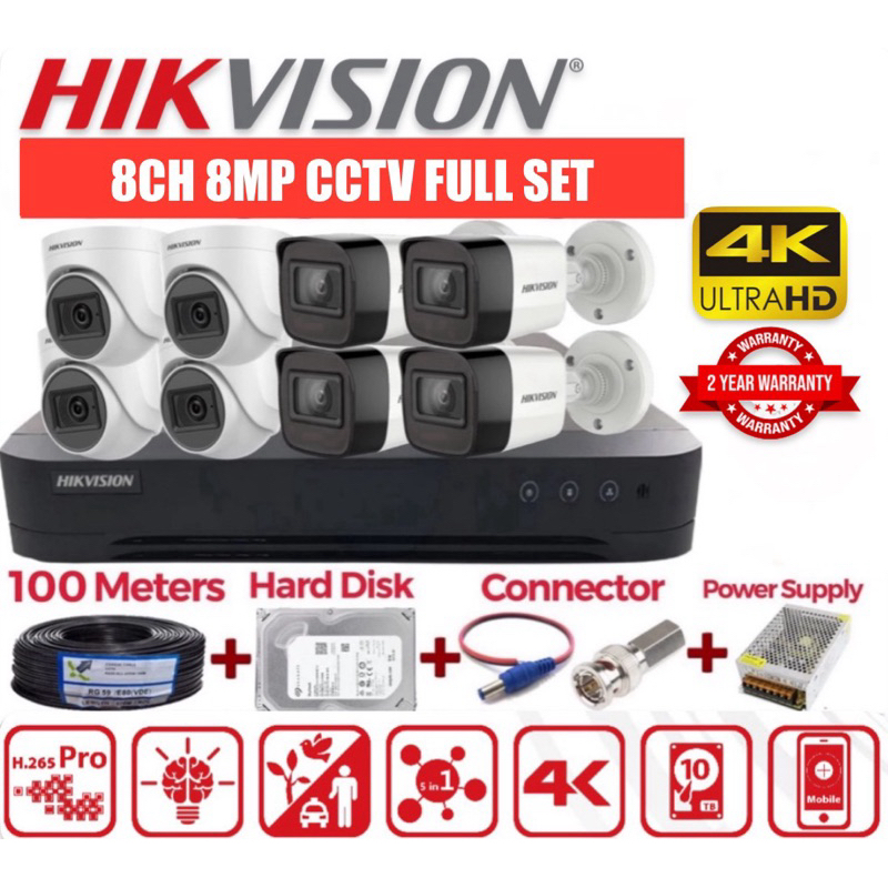 HIKVISION 8CH 8MP FULL SET 8MP HD CCTV 8CH DVR + กล้อง + 1TB HARD DISK + 10A POWER SUPPLY + BNC + DC