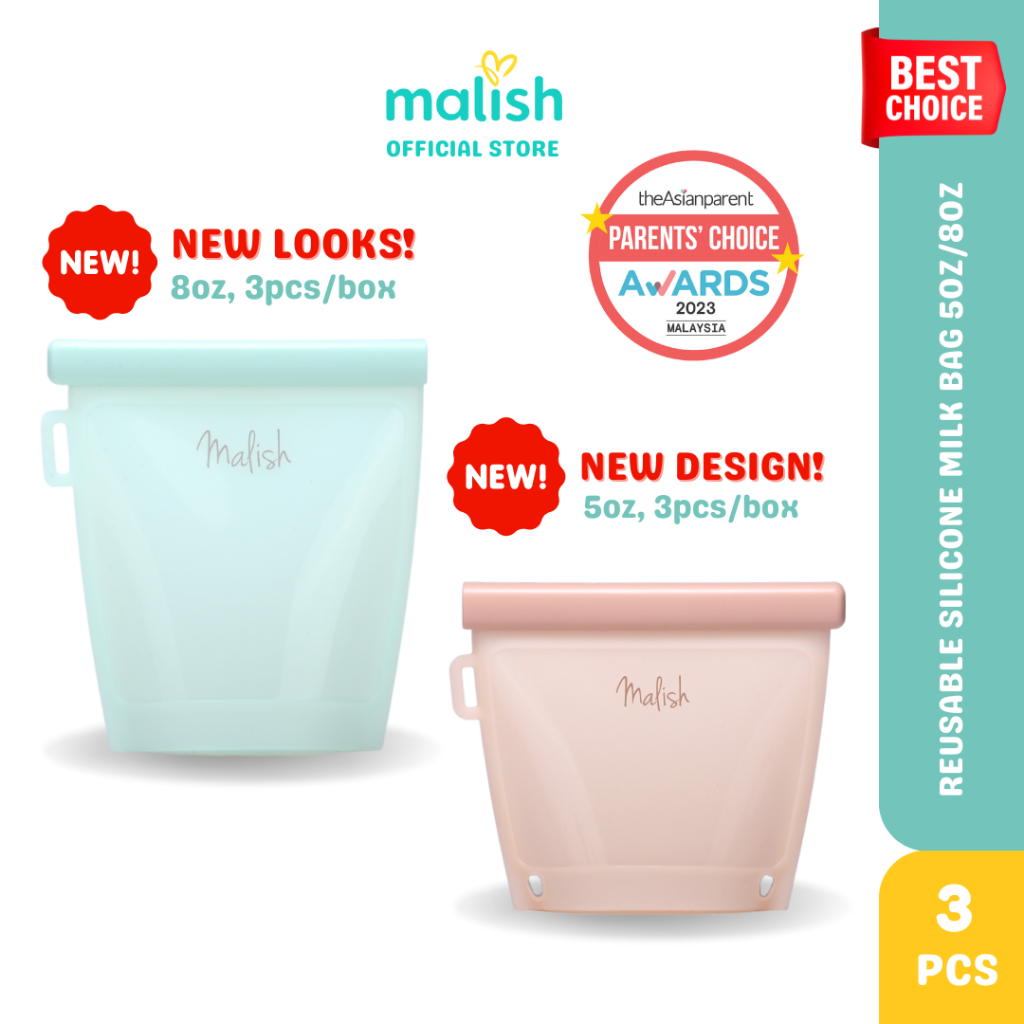 Malish กระเป๋าใส่นมแม่และอาหารเด็กซิลิโคนแบบใช้ซ้ําได้ (5oz/8oz x 3)