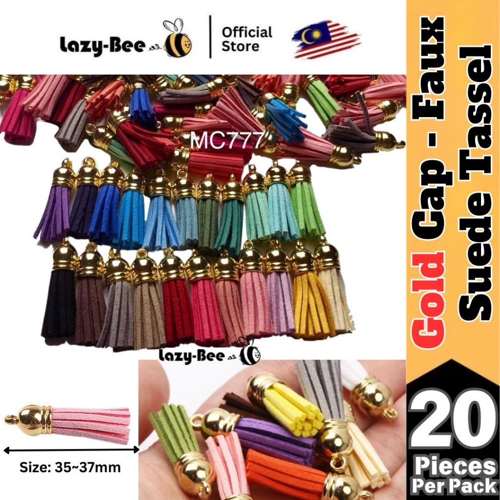 MC777: 20 ชิ้น 37x10 มิลลิเมตรทอง Faux Suede พู่จี้ Faux อุปกรณ์เสริมพู่สําหรับหมวก DIY พร้อมพวงกุญแ