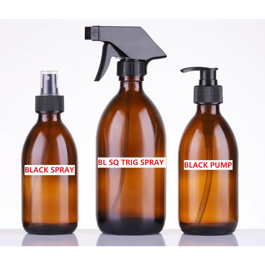 ใหม่!!! Stock-glass BOTTLE AMBER 300, 500ML พร้อมปั๊มสีดํา/สเปรย์