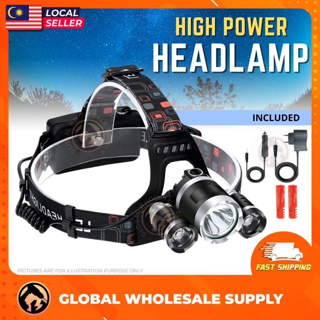 Global Pro Heavy Duty 3 LED 4 โหมดไฟหน้า LED แบบชาร์จไฟได้,ไฟหน้าสว่าง 10000 Lumens,พร้อมไฟความปลอดภ