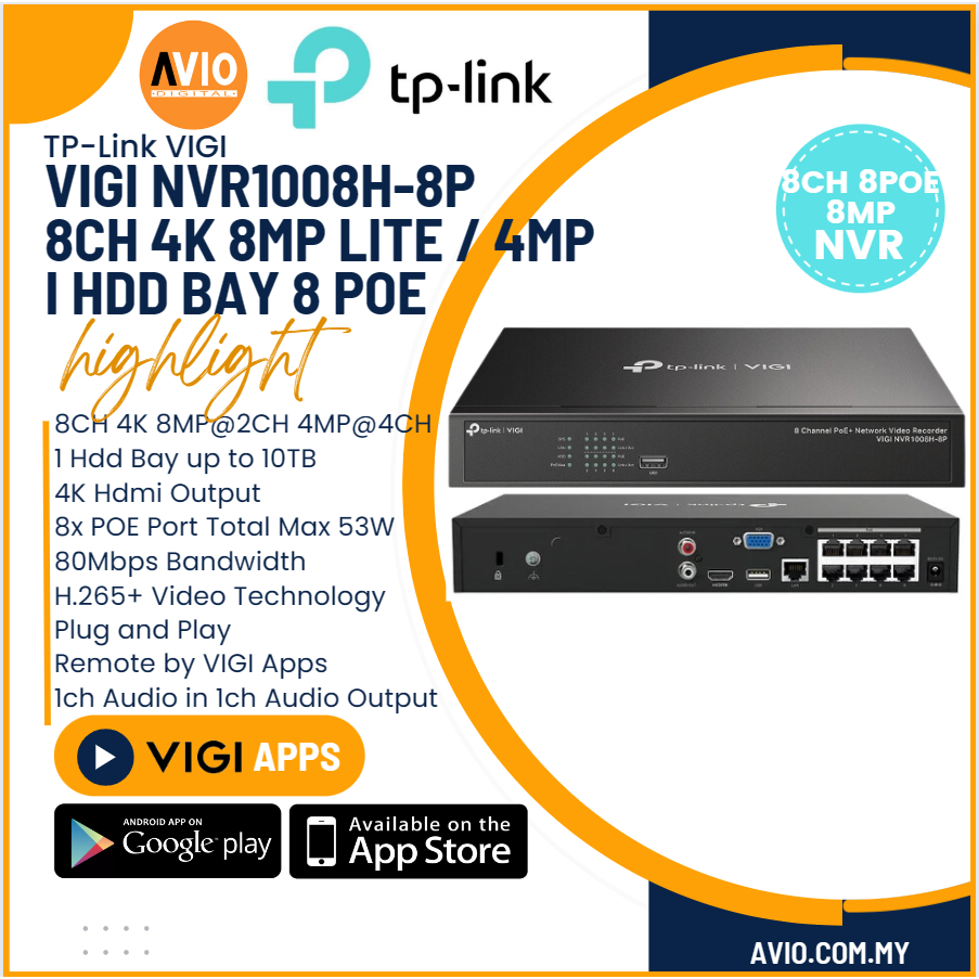 TP-LINK Tplink 8CH 8 ช่อง 4K 8MP 8 ล้านพิกเซล IP เครือข่ายกล้องวงจรปิด NVR Recorder 8 Poe VIGI NVR10