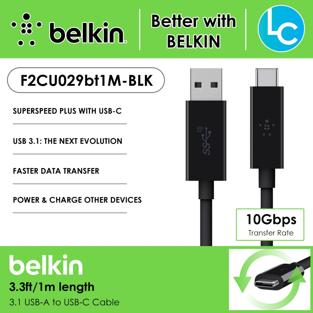 Belkin F2CU029bt1M-BLK USB3.1-A to USB Type-C Cable 1Meter 10Gbps transfer rate & 3A เอาต์พุตการชาร์